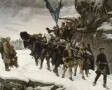 Soldater bär en död kung över snöig mark. En scen som påminner om Sverige Danmark krig.