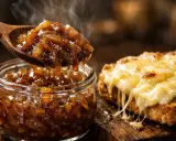 Une cuillère de confit d'oignon fumant dégouline vers un pot en verre. À côté, une tartine grillée est recouverte de fromage fondu.