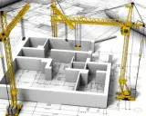Progetto di costruzione con gru gialle su planimetrie. Il modello 3D di un edificio mostra le fondamenta e le pareti, pronto per il cantiere ntc 2018.