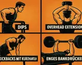 Vier Übungen für Bizeps Trizeps Training: Dips, Overhead Extensions, Kickbacks mit Kurzhantel, Enges Bankdrücken.
