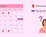 Calendario de octubre con gotas rojas (menstruación) y moradas (sangrado intermenstrual). Mujer con signos de interrogación, ¿buscando causas?
