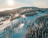 Ośnieżone drzewa i stoki narciarskie tworzą malowniczy krajobraz. Widoczne są wyciągi krzesełkowe i budynki ośrodka, a w oddali morze chmur. To idealne miejsce na zimowe atrakcje.
