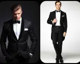 Two men in sharp black cocktail attire. One sports a modern tuxedo with a shawl collar, the other a classic tailcoat.