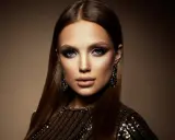Mujer con un look de **soft goth makeup**, ojos ahumados y labios definidos, luciendo pendientes largos y un vestido brillante.