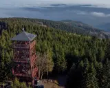 Wieża widokowa na Orlicy szczyt, otoczona gęstym lasem świerkowym, góruje nad morzem mgieł.