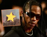Travis Scott, znany raper amerykański, na scenie podczas koncertu. W tle tłum fanów.
