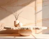 Dos jarrones de cerámica y ramas secas sobre una mesa de piedra de estilo minimalista, con luz solar creando sombras en una pared de mármol.
