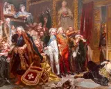 Scena dramatyczna przedstawia upadek Rzeczypospolitej. Wśród zgiełku i rozpaczy, postacie w bogatych strojach symbolizują schyłek państwa.
