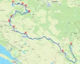 Trasa **samochodem do Czarnogóry** przez Bośnię i Hercegowinę, z zaznaczonymi punktami: Jezioro Blidinje, Mostar, a dalej w kierunku Plužine.