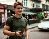Ung man med mobiltelefon i handen, på en stadsgata med bilar och butiker. Känns som vårt hem utomlands.