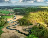 Malowniczy krajobraz z krętą rzeką, lasami i polami, ukazujący piękno parków krajobrazowych w Polsce.