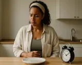 Donna con espressione sofferente tiene la mano sullo stomaco, un piatto vuoto davanti. L'orologio segna l'ora, suggerendo un problema di mangiare in continuazione, forse una malattia.