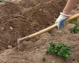 Mano enguantada usa una azada para trabajar la tierra, mostrando varios tipos de azadas para cultivar.