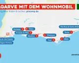 Karte der Algarve mit Wohnmobil-Route. Zeigt Orte wie Faro, Albufeira und Cabo de São Vicente. Campingplätze finden auf pincamp.de.