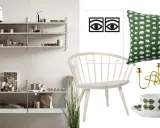 En hylla med inredningsdetaljer, en stol, en kudde med elefantmönster, en ljusstake och en kopp med Berså-mönster. Allt i en stil som andas svenska designklassiker.
