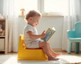 Małe dziecko siedzi na żółtym nocniku i czyta książeczkę, bo nie chce siadać na nocnik.