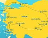 Mapa Turcji z zaznaczonymi miastami i trasą podróży: Stambuł, Ankara, Kapadocja, Pamukkale, Efez, Pergamon, Troja, Canakkale, Milas, Bodrum.