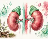 Reni con ghiandole surrenali, gocce, cristalli e radici di liquirizia, suggerendo un equilibrio ormonale, forse legato al cortisolo basso.