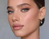 Volto femminile con trucco cerimonia impeccabile: occhi luminosi, labbra nude e pelle radiosa. Perfetto per un evento speciale.