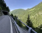 Strada tortuosa che porta al Passo dello Spluga, con un tunnel in primo piano e montagne boscose sullo sfondo.