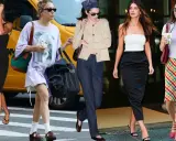 Five women showcase 90s minimalism fashion: a black dress, oversized tee, cardigan with jeans, tube top with a pencil skirt, and a plaid skirt with a white tee.