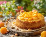 Un délicieux moelleux aux abricots, garni de fruits frais et d'amandes, sur une planche en bois, avec des abricots et des fleurs en arrière-plan.
