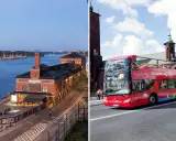 Två vyer av Stockholm: en vid vattnet med en tegelbyggnad och en annan med en röd sightseeingbuss som kör förbi Stadshuset.
