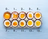Eier konservieren: rohe Eier bis zu hartgekochten Eiern, gezeigt in einem Karton mit Zeitangaben von 0 bis 15 Minuten.