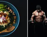 Gesunder Quinoa-Salat und ein Mann mit beeindruckender Muskelmasse, der Hanteln stemmt.