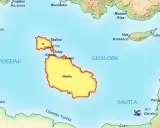 Mapa archipelagu Malta z zaznaczonymi wyspami i okolicznymi lądami.