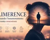 Doppia esposizione di una donna con un uomo solitario in un paesaggio al tramonto all'interno della sua testa, che simboleggia quando l'amore diventa ossessione.