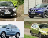 Ciemny i niebieski nowy Nissan Qashqai na tle miejskim, jasnoniebieski SUV i zielony crossover na tle przyrody.