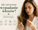 Zmartwiona kobieta trzyma szczotkę z wypadającymi włosami. Grafika podpowiada, jak zatrzymać wypadanie włosów, wskazując na wzmocnienie cebulek i naturalną pielęgnację.