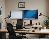 Bureau double avec écrans, lampes et plantes. L'espace entre bureau et mur est optimisé pour le travail.