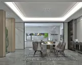 Nowoczesne wnętrze z jadalnią i kuchnią. Eleganckie ledy na suficie bez podwieszanego sufitu podkreślają przestrzeń.