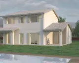 Case a due piani con portico, piscina e giardino. Una bicicletta appoggiata al muro.