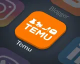 Pomarańczowe logo Temu, obok ikon Instagrama i LinkedIn. Temu to platforma zakupowa, która zdobywa popularność.