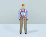 Eine Pilotpuppe 1/3 mit Sicherheitsgurt, kariertem Hemd, Cargohose und roter Kappe mit "PX"-Aufschrift.