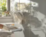 Rękawiczki i ściereczka do czyszczenia mebli kuchennych z okleiny. Delikatne środki zapewnią im blask.