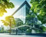 Moderne architetture in vetro riflettono alberi lussureggianti e cielo azzurro, creando un'armonia tra natura e design.