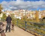 Hombre paseando con dos perros por la ruta de las esculturas de Bogarra, con el pueblo al fondo.