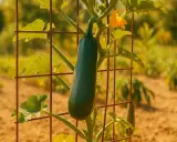 Courgette verte suspendue à un treillage, une méthode astucieuse pour cultiver courgette en hauteur. Une fleur jaune épanouie à proximité.
