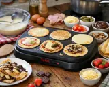 Préparation d'une recette pâte à crêpe party Tefal : crêpes salées et sucrées garnies, avec fraises et chocolat.