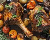 Dos jugosas patas de conejo al horno, doradas y tiernas, acompañadas de patatas asadas, tomates cherry y aceitunas negras.