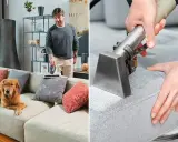 Un hombre aspira un sofá con un perro golden retriever. Otra imagen muestra una herramienta de limpieza de tapicería en acción, demostrando cómo limpiar sofá.