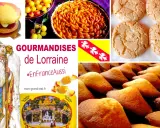 Collage de douceurs lorraines : macaron, tarte aux fruits, meringues, madeleines, bonbons et Saint-Nicolas.