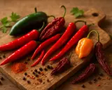 Un assortiment de piments frais et séchés, dont des piments rouges longs, un piment vert, un piment orange et des piments séchés foncés. Une pincée de poudre de piment et des grains de poivre parsèment la planche à découper en bois.