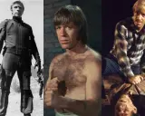 Chuck Norris i tre scener från filmer och tv-program. Han syns i actionkläder med vapen, barbröstad och i en rutig skjorta över en liggande person.