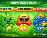 Porównanie Xbox Game Pass: Essential vs Premium vs Ultimate. Trzy kontrolery w kreskówkowym stylu, każdy reprezentuje inny poziom usługi.