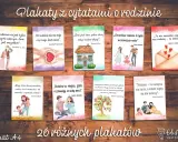 Kolaż plakatów z cytatami o rodzinie, przedstawiający ilustracje rodzin i symboliczne obrazy.